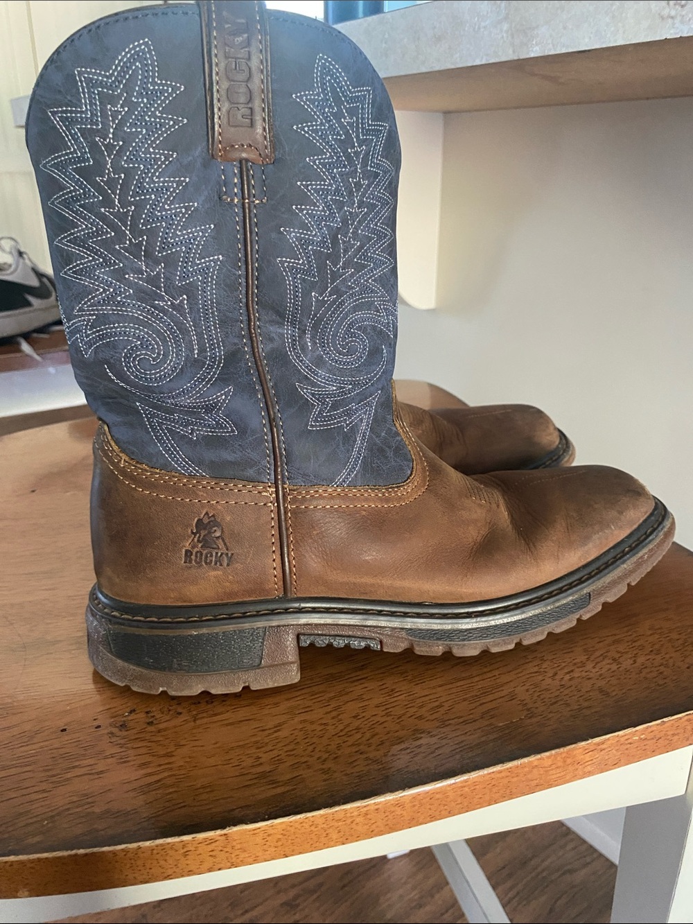 Rocky Brown Foot with Blue Embroidered Shaft Cowboy Boots - Picture 3 of 6